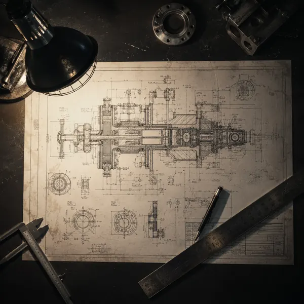 Engineering blueprint on a workbench