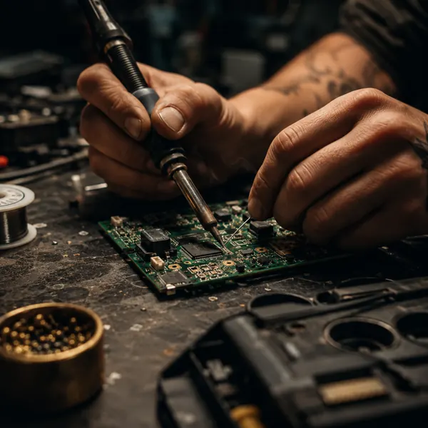 Hands soldering a circuit board, shot in close-up