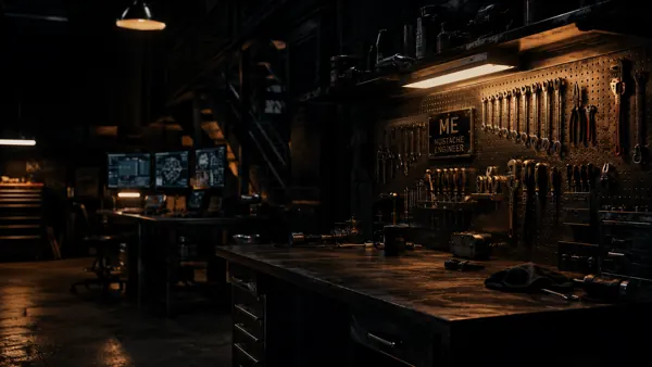 Dark workshop with monitors and tools